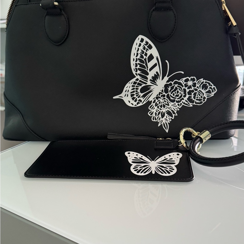 Calvin Klein Black Butterfly Design Women's Black Dome Bag and wallet set